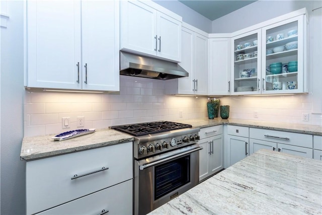 126 Reserve Ln, Rockport, TX 78382 - kitchen with high end range, under cabinet range hood, glass insert cabinets, and decorative backsplash