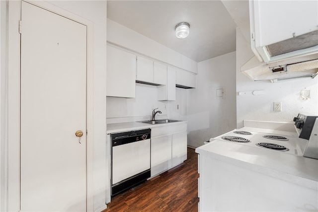 kitchen featuring white appliances, white cabinetry, dark wood-type flooring, and sink