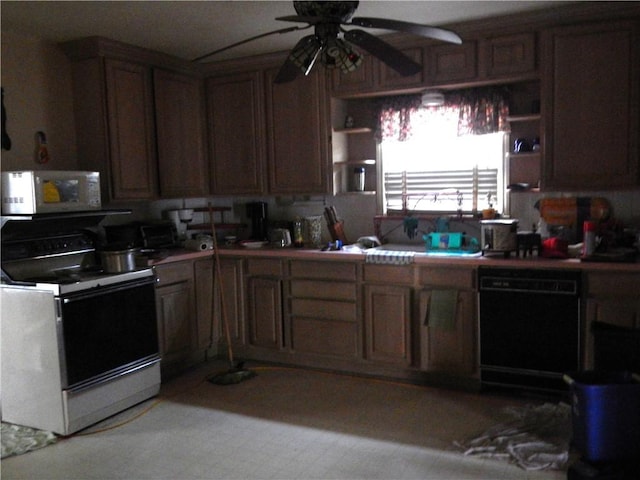 kitchen with open shelves, black appliances, and a ceiling fan