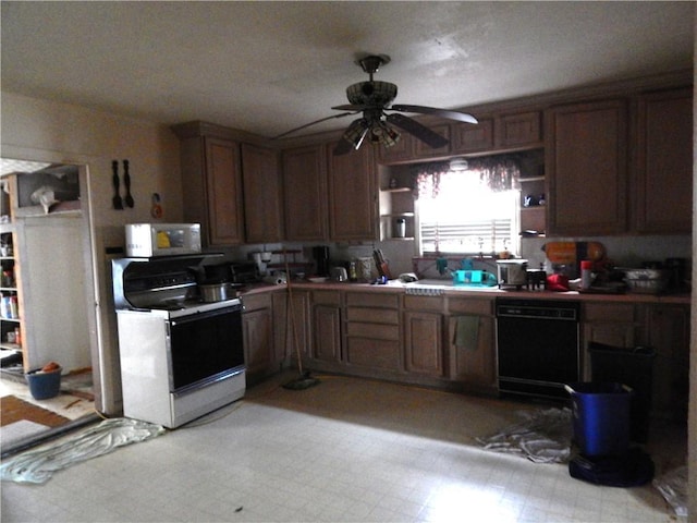 kitchen with white microwave, open shelves, dishwasher, ceiling fan, and electric range oven
