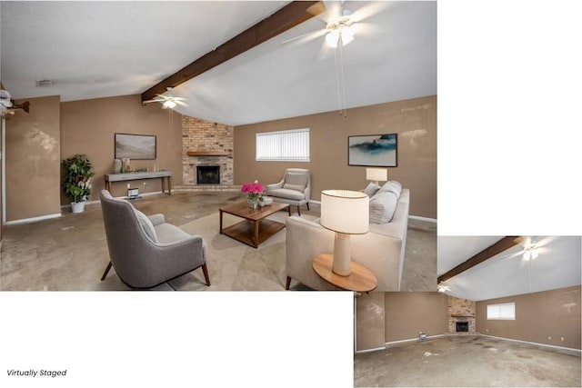 living area with a ceiling fan, a brick fireplace, lofted ceiling with beams, and baseboards