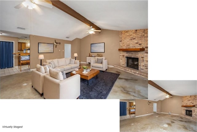 living room featuring vaulted ceiling with beams, visible vents, a fireplace, and ceiling fan