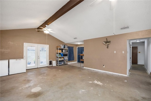 unfurnished living room with vaulted ceiling with beams, visible vents, ceiling fan, and unfinished concrete floors