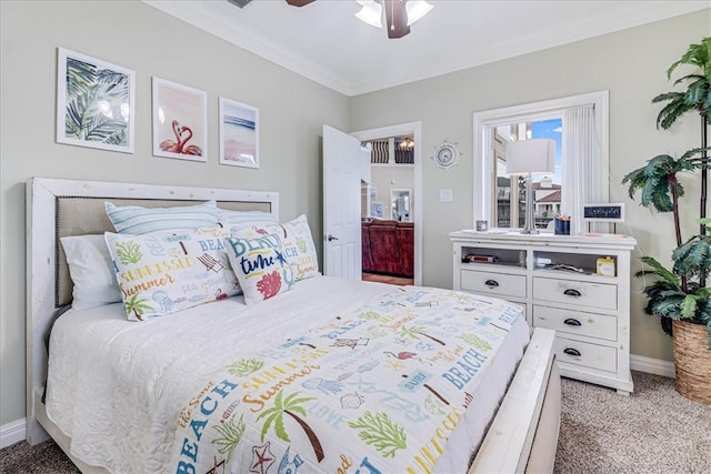 bedroom with carpet, ceiling fan, and crown molding