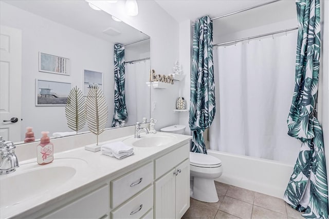 full bathroom with toilet, vanity, tile patterned floors, and shower / bathtub combination with curtain