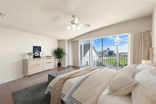 bedroom with wood-type flooring, lofted ceiling, access to exterior, and ceiling fan