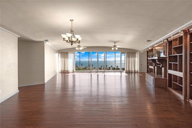 unfurnished living room featuring dark wood-type flooring, ceiling fan with notable chandelier, and vaulted ceiling