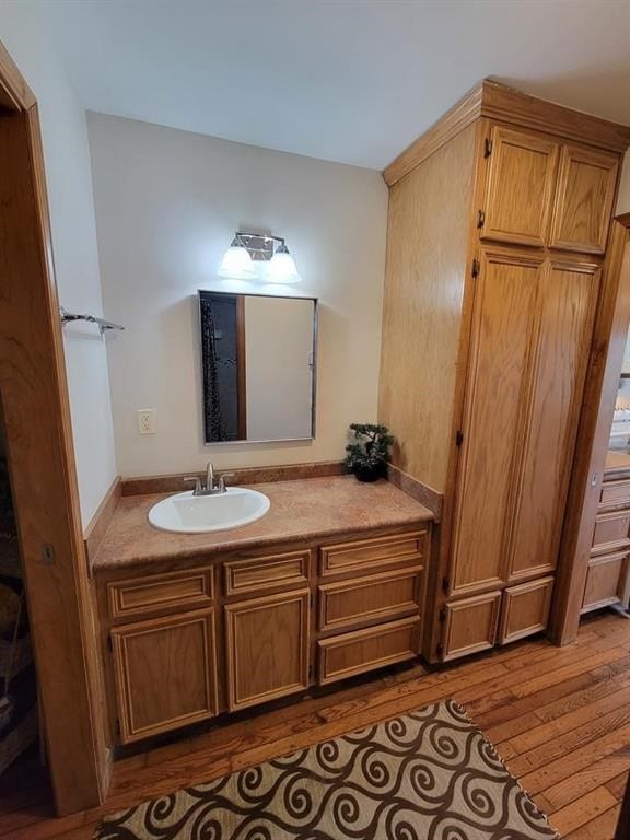 bathroom featuring vanity and hardwood / wood-style floors