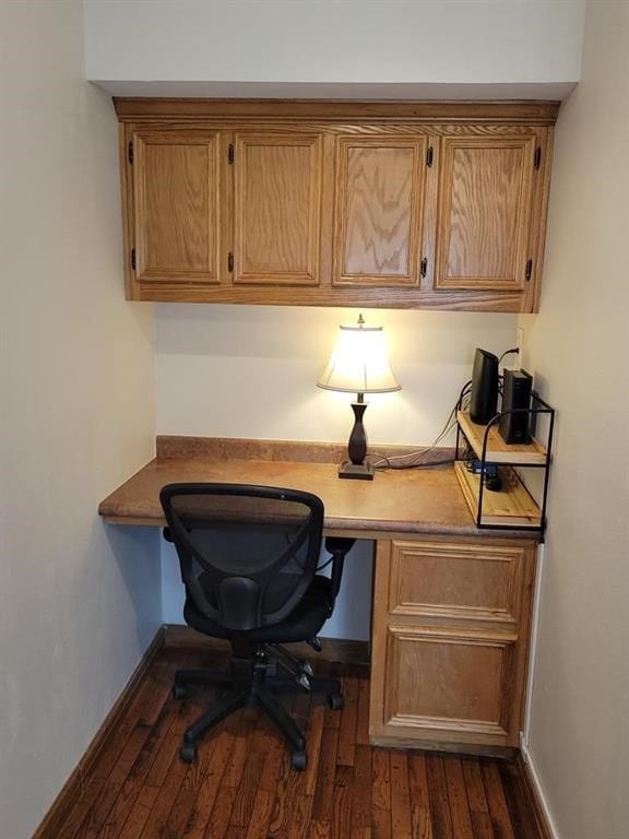 office featuring dark hardwood / wood-style flooring and built in desk