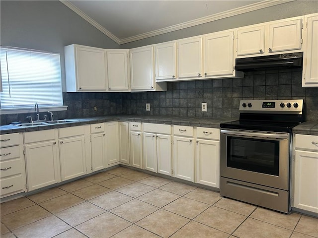 1705 Sherman St, Corpus Christi, TX 78416 - kitchen with electric stove, tile countertops, range hood, decorative backsplash, and ornamental molding