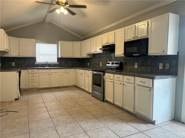 1705 Sherman St, Corpus Christi, TX 78416 - kitchen featuring stainless steel electric range oven, black microwave, light tile patterned floors, decorative backsplash, and a ceiling fan