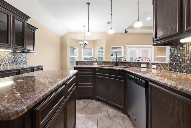 kitchen featuring lofted ceiling, a sink, decorative backsplash, dark brown cabinets, and dishwasher