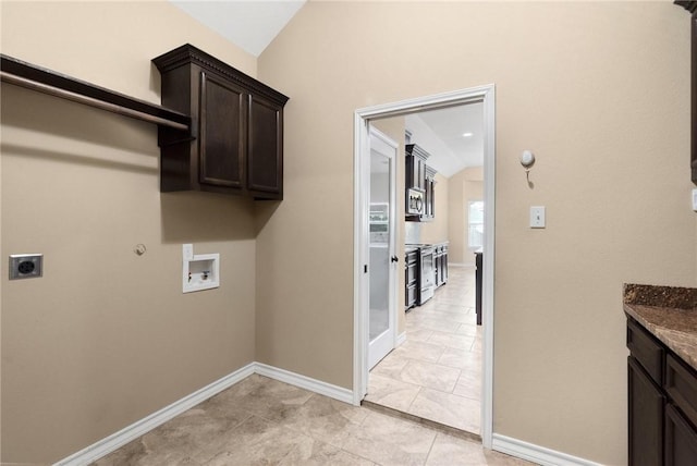 washroom with washer hookup, hookup for a gas dryer, cabinet space, baseboards, and hookup for an electric dryer