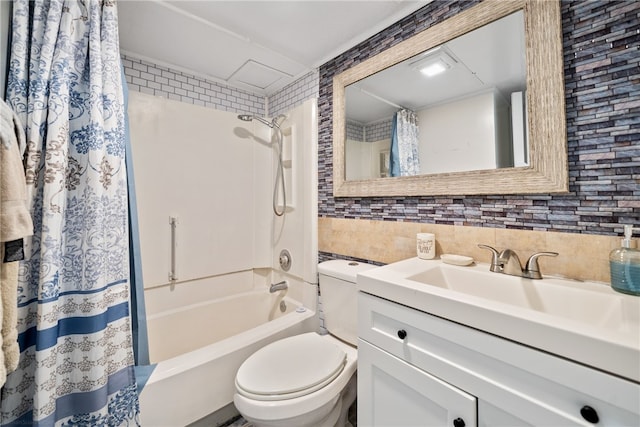 full bathroom featuring tasteful backsplash, tile walls, vanity, toilet, and shower / bathtub combination with curtain