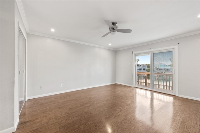 13731 Tajamar St, Corpus Christi, TX 78418 - spare room featuring ornamental molding, wood finished floors, ceiling fan, baseboards, and recessed lighting