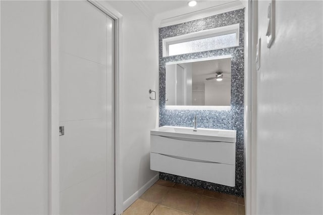13731 Tajamar St, Corpus Christi, TX 78418 - bathroom featuring vanity, tile patterned flooring, crown molding, and ceiling fan