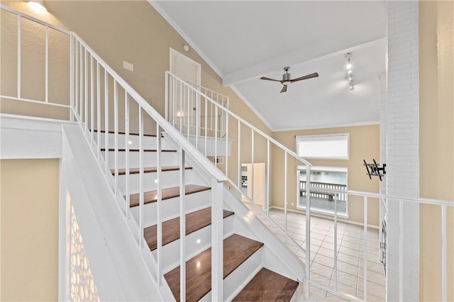 13731 Tajamar St, Corpus Christi, TX 78418 - stairs featuring ceiling fan, lofted ceiling, tile patterned floors, and ornamental molding