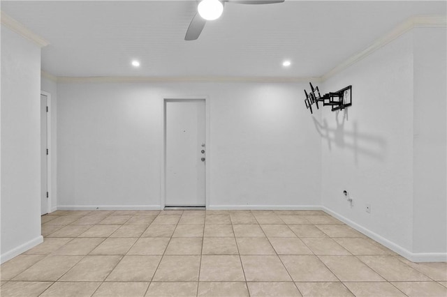 13731 Tajamar St, Corpus Christi, TX 78418 - spare room featuring recessed lighting, ornamental molding, ceiling fan, baseboards, and light tile patterned flooring