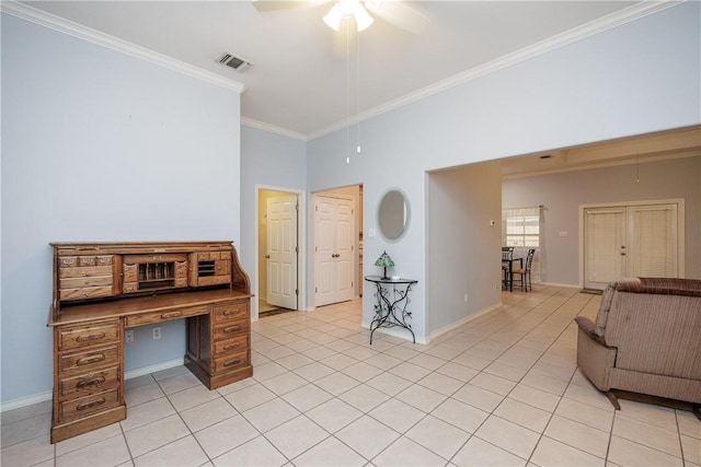 3829 Brockhampton Ct, Corpus Christi, TX 78414 - office space featuring crown molding, ceiling fan, and light tile patterned flooring