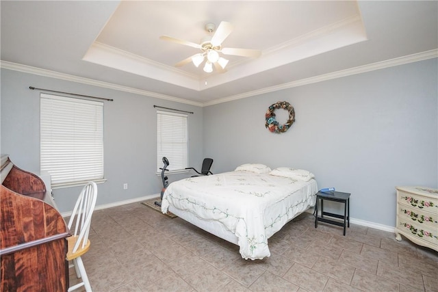3829 Brockhampton Ct, Corpus Christi, TX 78414 - bedroom with a tray ceiling, light tile patterned floors, crown molding, and a ceiling fan