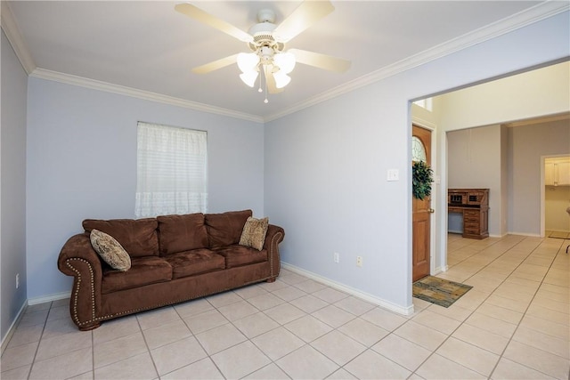3829 Brockhampton Ct, Corpus Christi, TX 78414 - living room featuring crown molding, light tile patterned floors, and a ceiling fan