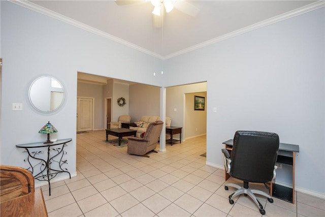 3829 Brockhampton Ct, Corpus Christi, TX 78414 - office area with light tile patterned floors, a ceiling fan, and ornamental molding