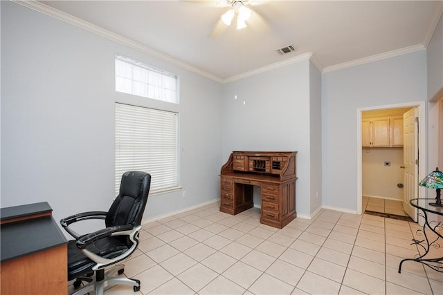 3829 Brockhampton Ct, Corpus Christi, TX 78414 - office with crown molding, ceiling fan, and light tile patterned flooring