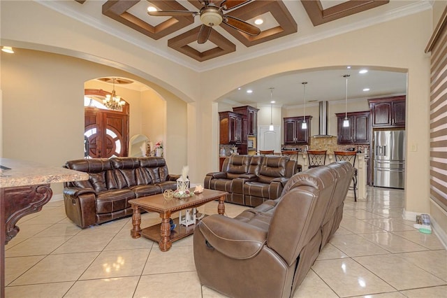 living area with crown molding, light tile patterned floors, arched walkways, and coffered ceiling