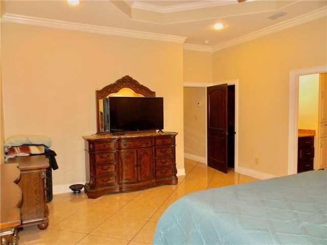 tiled bedroom featuring ornamental molding