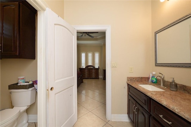 bathroom with ceiling fan, baseboards, toilet, tile patterned floors, and vanity