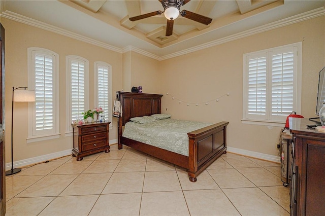 bedroom featuring crown molding, light tile patterned floors, and a tray ceiling