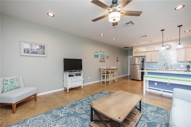 15209 S Padre Island Dr Unit 803, Corpus Christi, TX 78418 - living area with light tile patterned floors, ceiling fan, recessed lighting, and baseboards