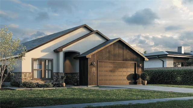 4018 Talbot Dr, Corpus Christi, TX 78414 - ranch-style house with a garage, driveway, stone siding, and stucco siding