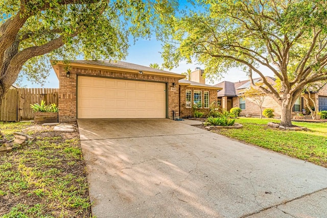 3105 Quebec Dr, Corpus Christi, TX 78414 - single story home featuring brick siding, a chimney, fence, concrete driveway, and a garage