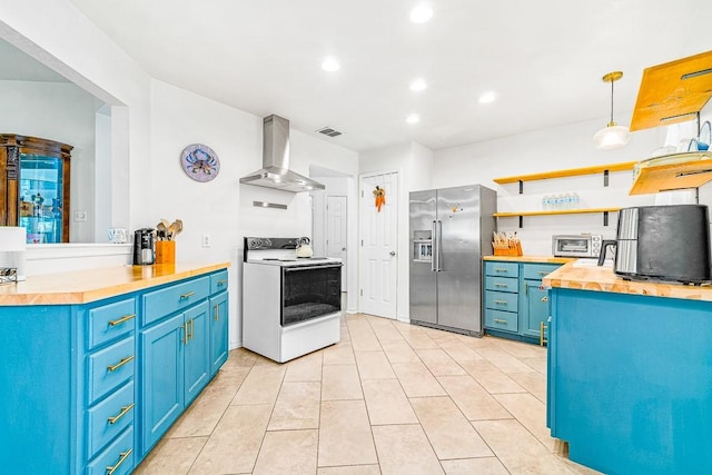 3105 Quebec Dr, Corpus Christi, TX 78414 - kitchen featuring white electric stove, wall chimney range hood, stainless steel fridge with ice dispenser, blue cabinets, and wooden counters