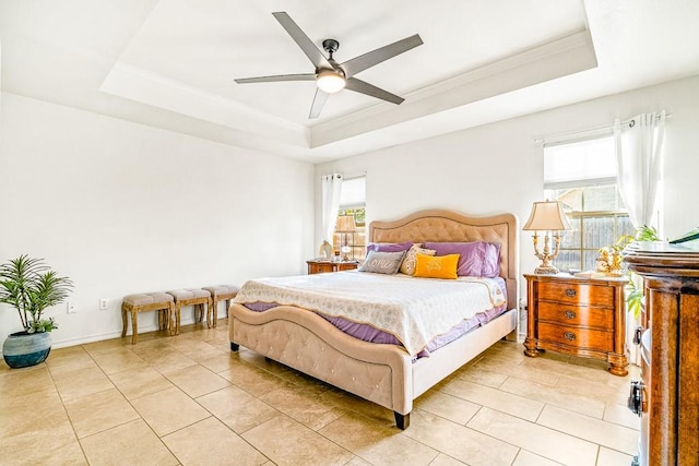3105 Quebec Dr, Corpus Christi, TX 78414 - bedroom featuring a tray ceiling, light tile patterned floors, crown molding, and a ceiling fan
