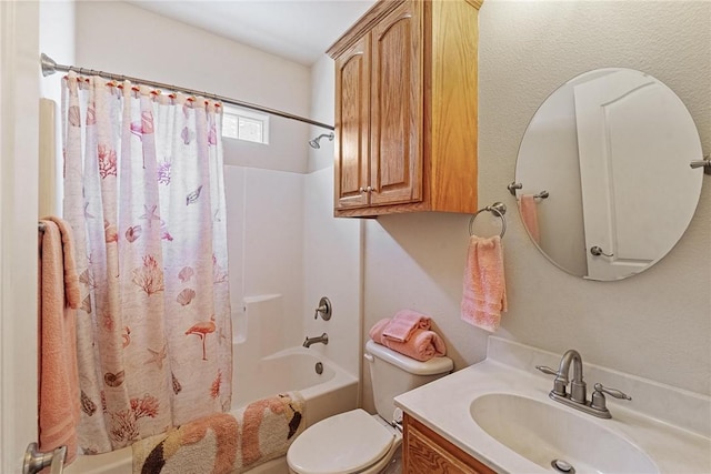 bathroom with toilet, shower / bathtub combination with curtain, and vanity