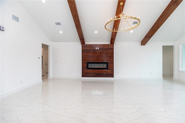 unfurnished living room featuring high vaulted ceiling, a notable chandelier, and beamed ceiling