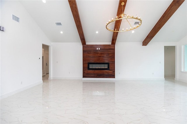 13974 Blackbeard Dr, Corpus Christi, TX 78418 - unfurnished living room with light marble finish floors, a large fireplace, a chandelier, recessed lighting, and baseboards