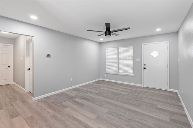 entrance foyer with light wood-type flooring and ceiling fan