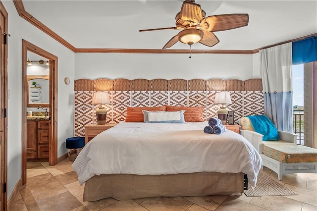 bedroom with sink, ornamental molding, and ceiling fan