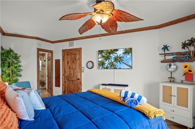 bedroom featuring crown molding and ceiling fan