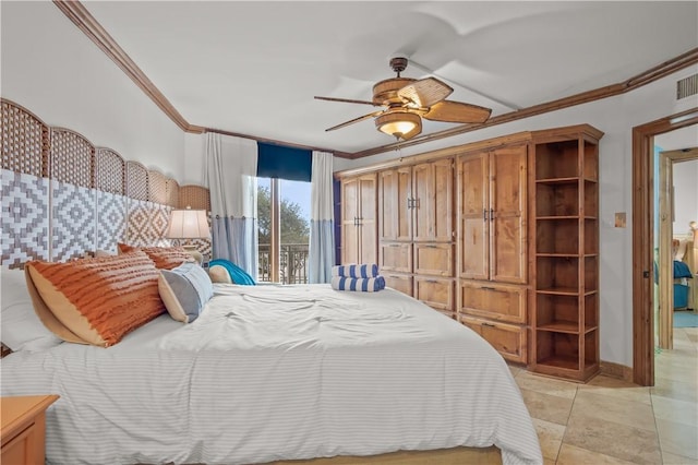 bedroom featuring light tile patterned floors, access to outside, ornamental molding, and ceiling fan