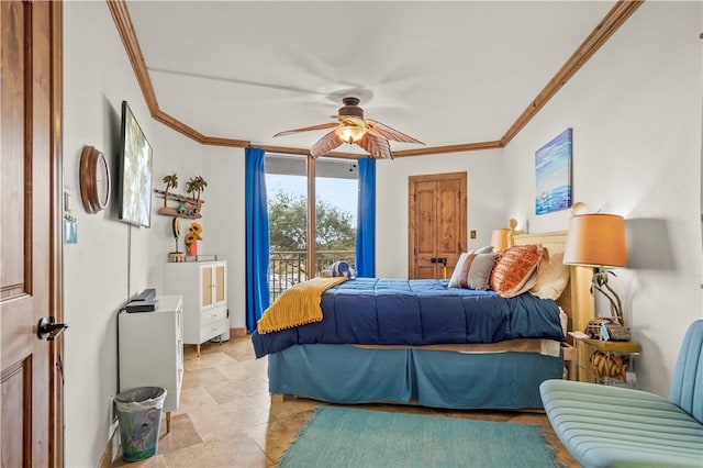 bedroom with crown molding, access to exterior, and ceiling fan