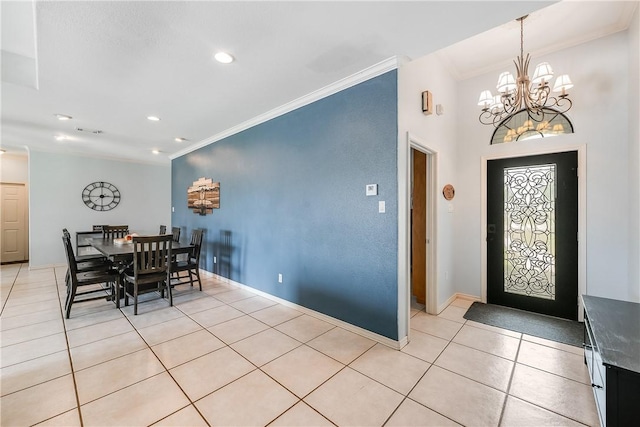 6041 King Trl, Corpus Christi, TX 78414 - dining area featuring crown molding, light tile patterned floors, a chandelier, baseboards, and recessed lighting