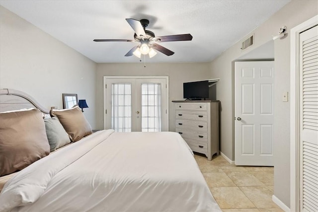 tiled bedroom featuring ceiling fan, access to outside, and french doors