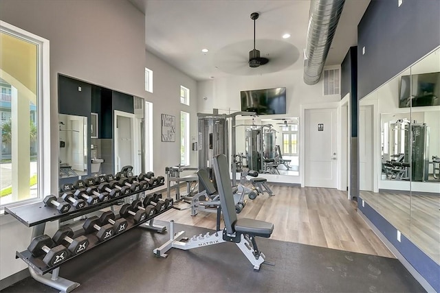 gym featuring ceiling fan, a towering ceiling, and light hardwood / wood-style flooring