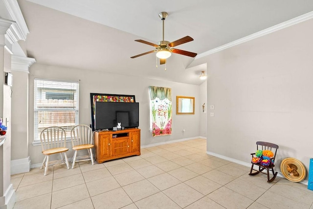 7418 Oshman Dr, Corpus Christi, TX 78414 - unfurnished living room with a ceiling fan, baseboards, crown molding, light tile patterned floors, and decorative columns