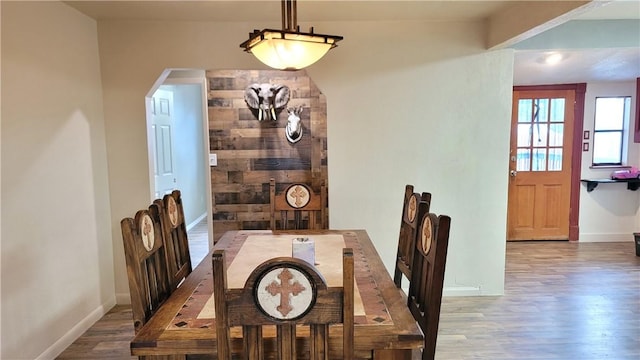 dining space with hardwood / wood-style floors