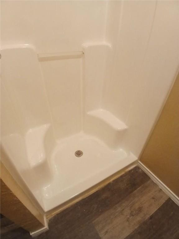 bathroom featuring a shower and hardwood / wood-style floors